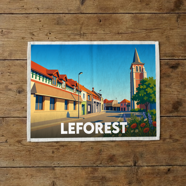 Torchon souvenir de la ville de Leforest avec une illustration stylisée.