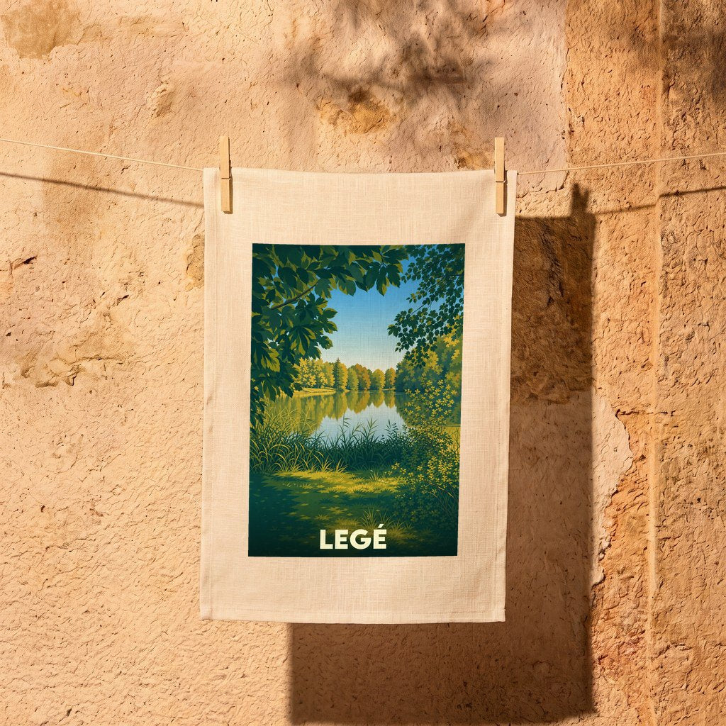 Torchon souvenir de la ville de Legé illustrant un paysage de lac paisible entouré de verdure.