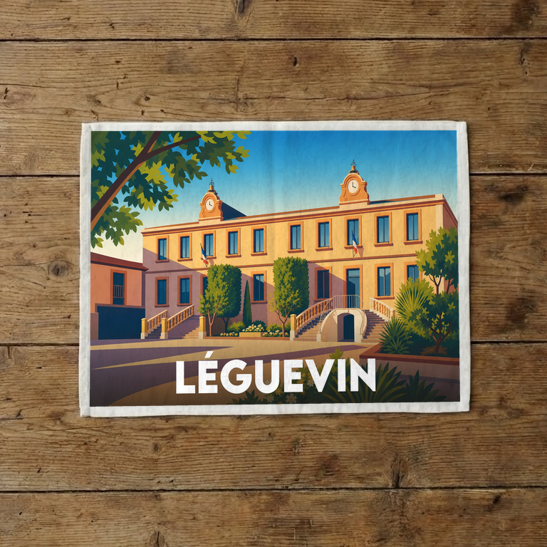 Torchon souvenir de la ville de Léguevin avec une illustration stylisée de son hôtel de ville.