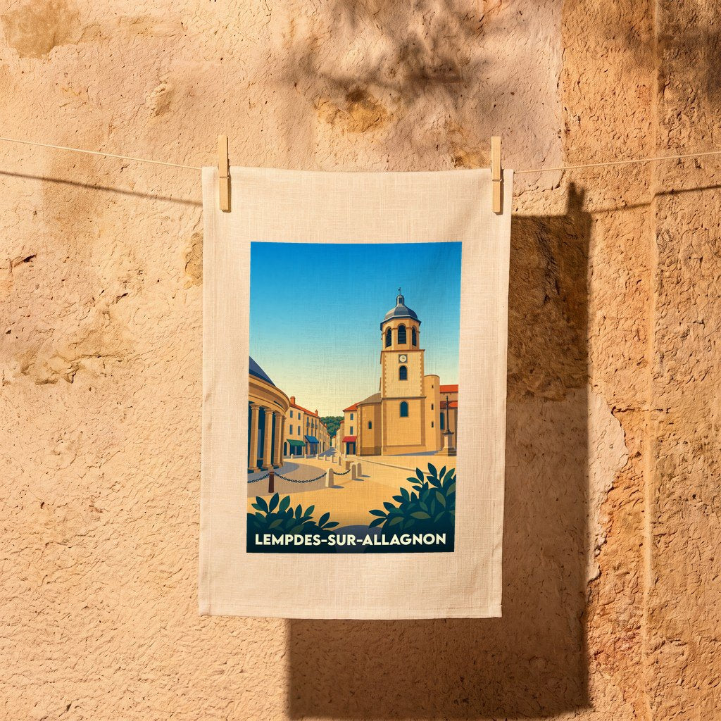 Torchon souvenir de la ville de Lempdes-sur-Allagnon avec une illustration stylisée de son église sous un ciel bleu.