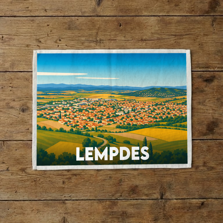 Torchon souvenir de la ville de Lempdes avec une illustration stylisée d'un paysage panoramique.