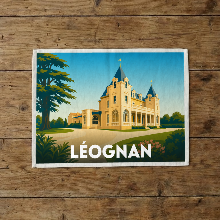 Torchon souvenir de la ville de Léognan illustré par un château de style bordelais sous un ciel bleu.