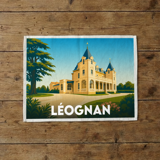 Torchon souvenir de la ville de Léognan illustré par un château de style bordelais sous un ciel bleu.