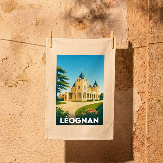Torchon souvenir de la ville de Léognan illustré par un château de style bordelais sous un ciel bleu.