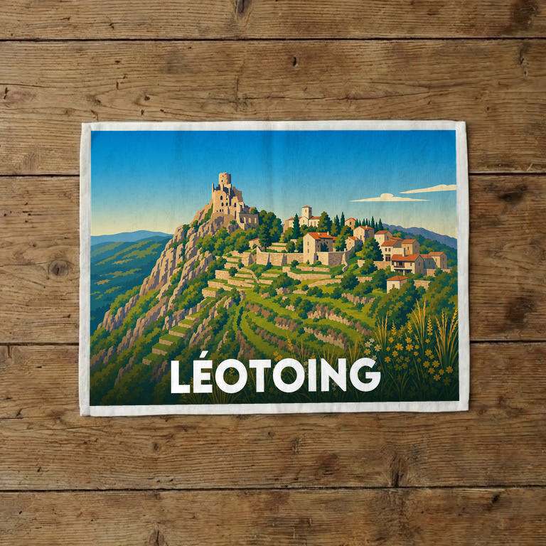 Torchon souvenir de la ville de Léotoing avec une illustration stylisée du village perché.