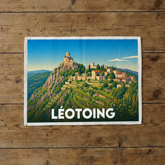 Torchon souvenir de la ville de Léotoing avec une illustration stylisée du village perché.