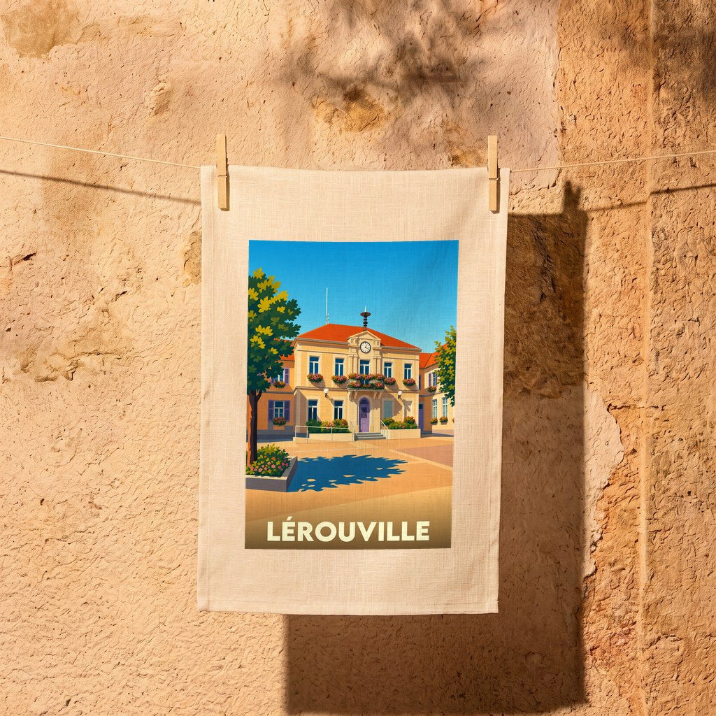 Torchon souvenir de la ville de Lérouville avec une illustration stylisée.