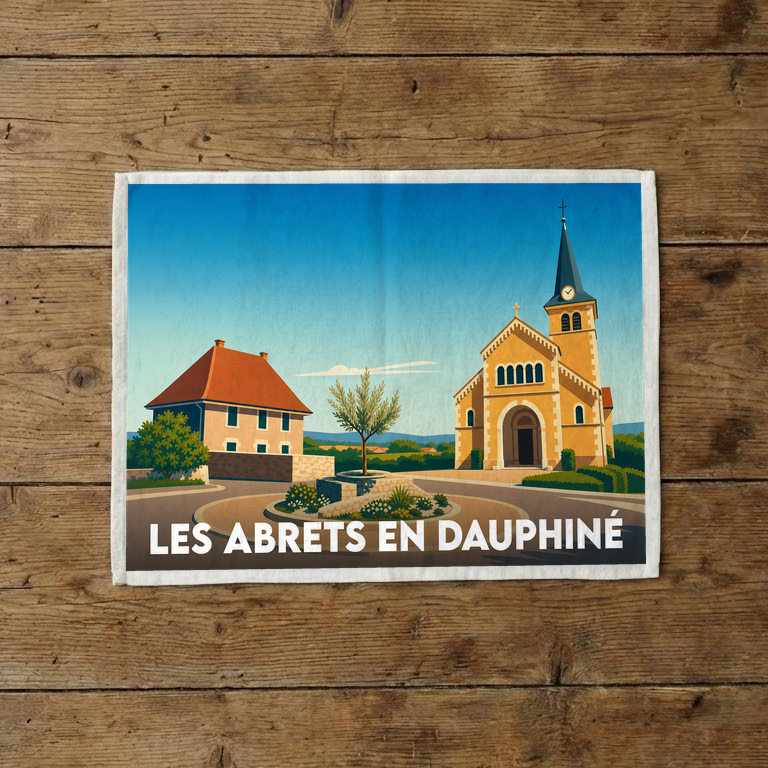 Torchon souvenir de la ville de Les Abrets en Dauphiné avec une illustration stylisée de son église et de son centre-bourg.