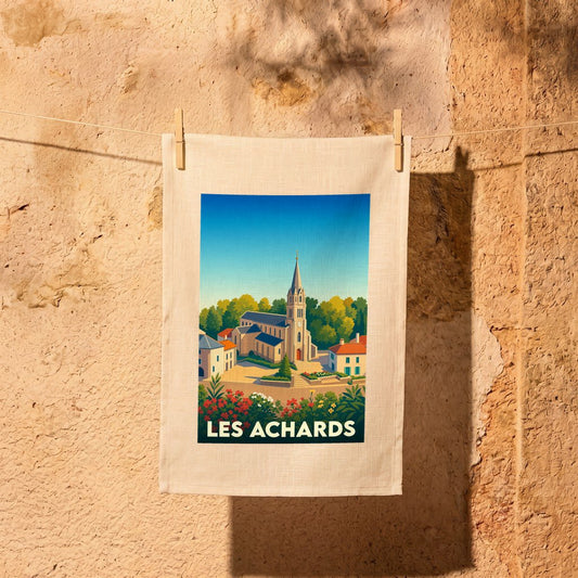 Torchon souvenir de la ville de Les Achards avec une illustration stylisée de son église et de ses jardins.