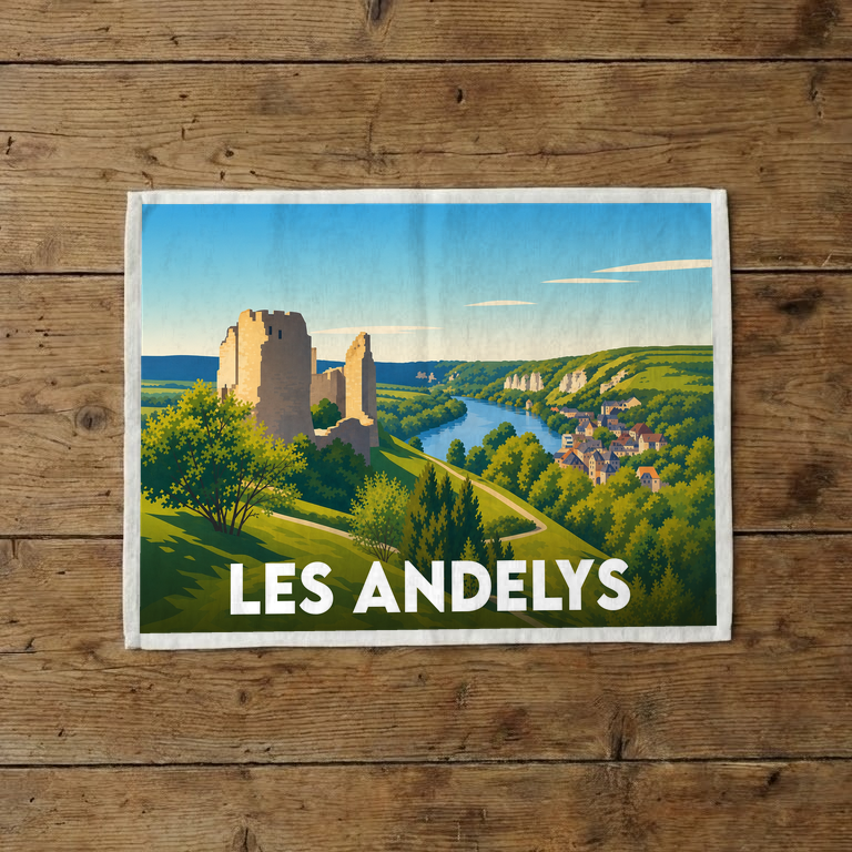 Torchon souvenir de la ville de Les Andelys illustré par une vue stylisée du Château-Gaillard dominant la Seine.