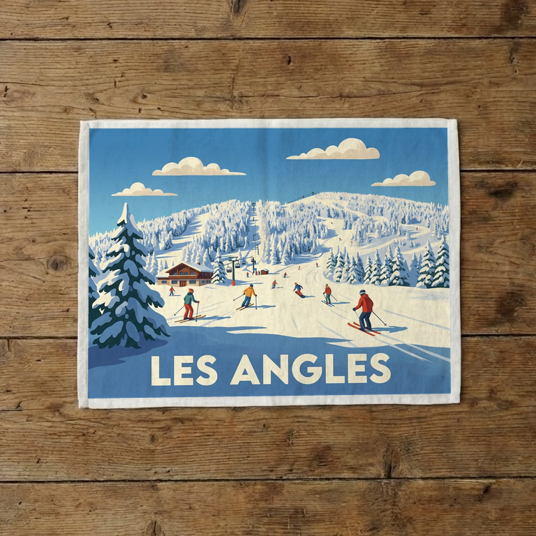 Torchon souvenir de la ville de Les Angles orné d'une illustration stylisée de station de ski.