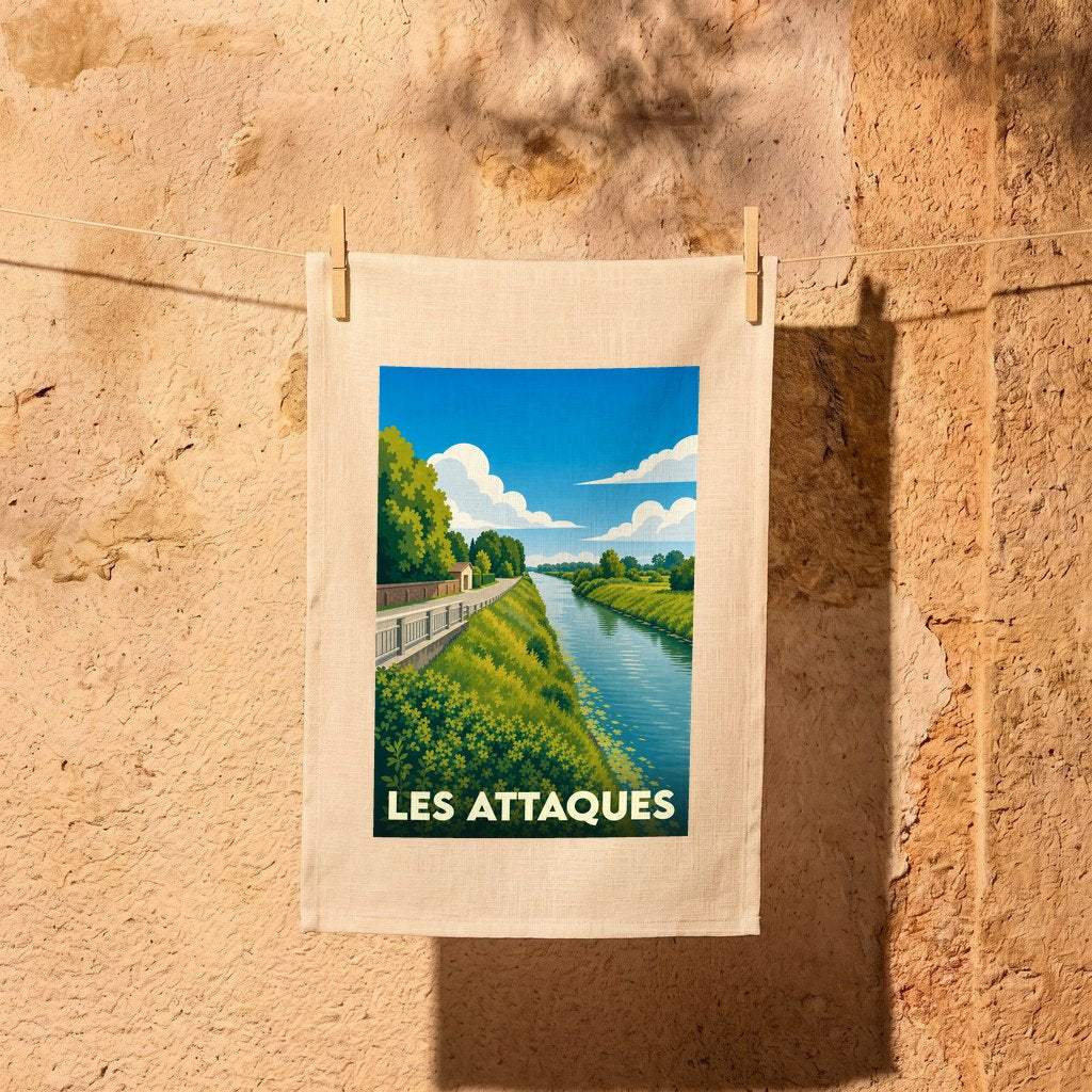 Torchon souvenir de la commune de Les Attaques avec une illustration stylisée d'un canal.