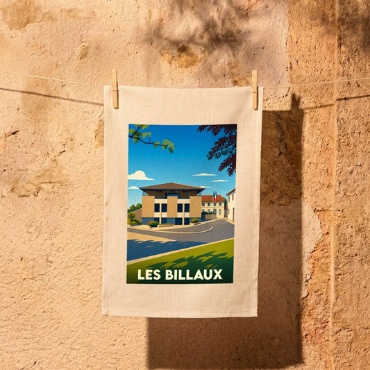 Torchon souvenir de la ville de Les Billaux avec une illustration stylisée.