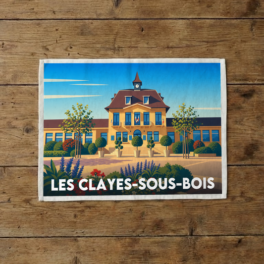 Torchon souvenir de la ville de Les Clayes-sous-Bois avec une illustration stylisée.