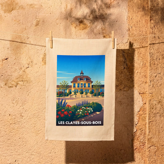 Torchon souvenir de la ville de Les Clayes-sous-Bois avec une illustration stylisée.