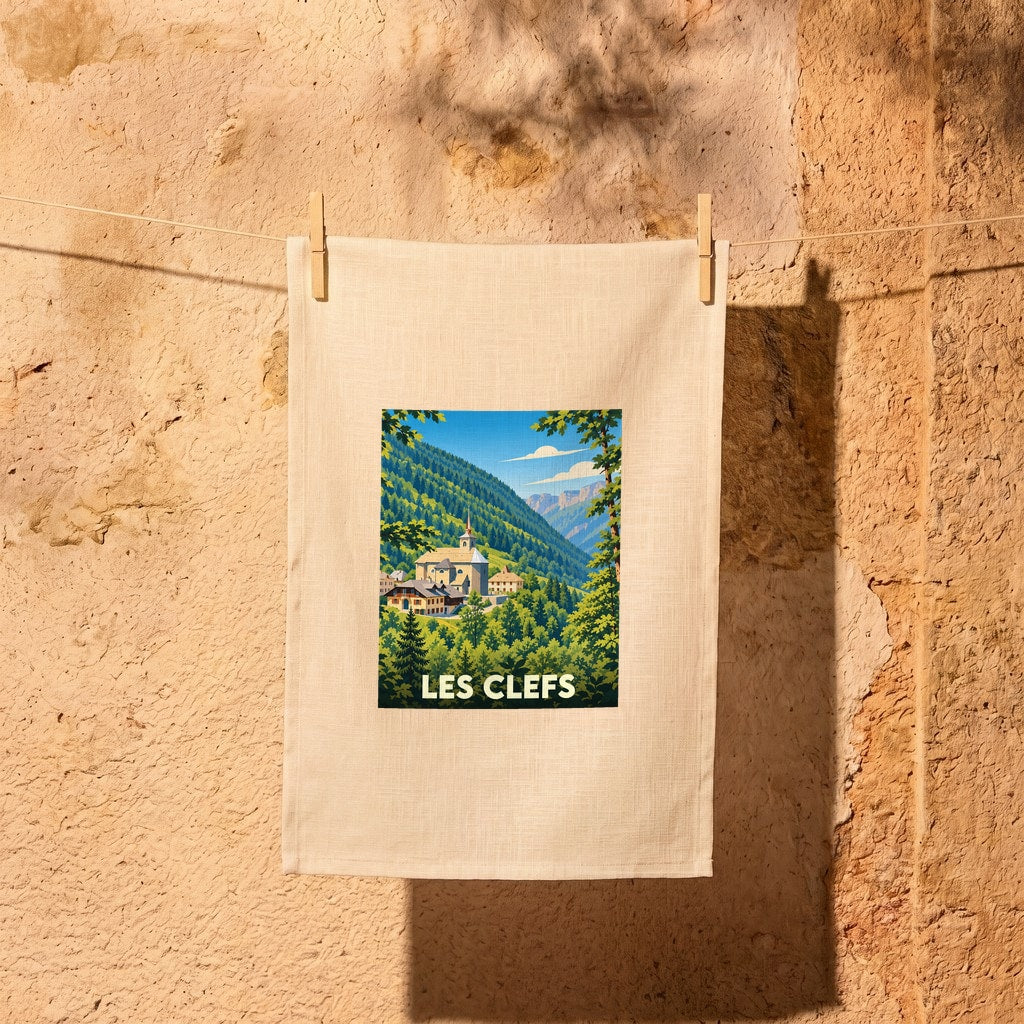 Torchon souvenir de la ville de Les Clefs avec une illustration stylisée.