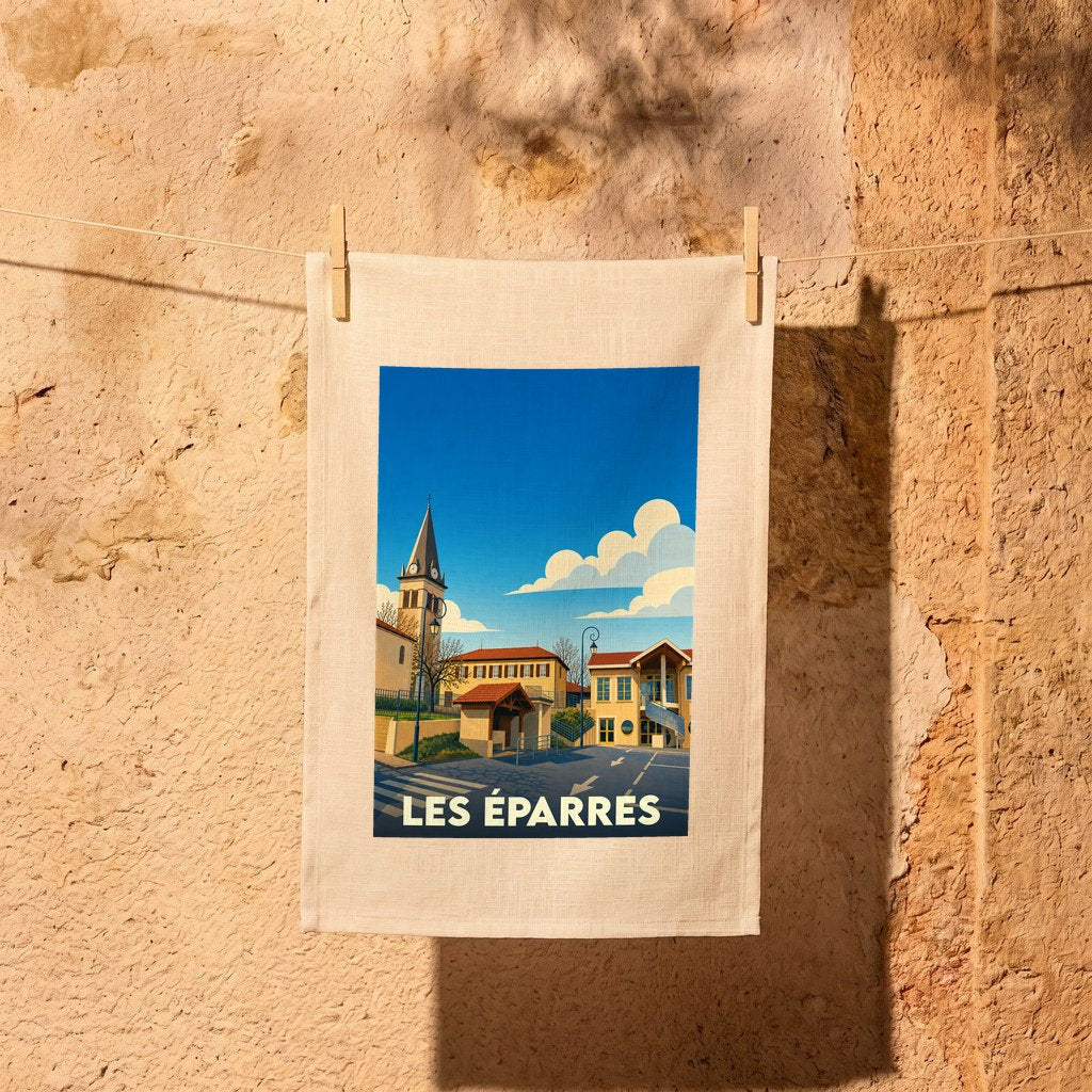 Torchon souvenir de la ville de Les Éparres avec une illustration stylisée.