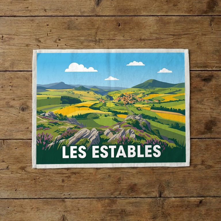 Torchon souvenir de la ville de Les Estables avec une illustration stylisée de ses paysages de montagne.