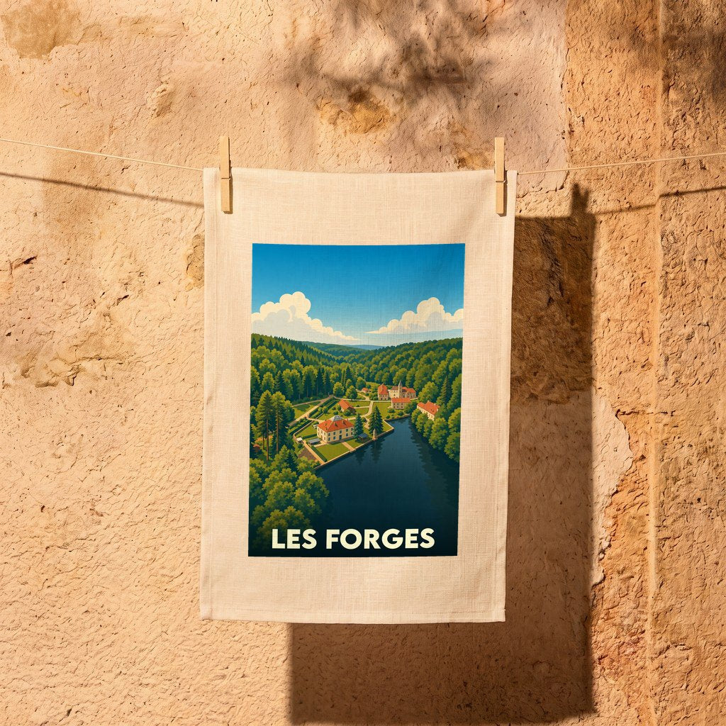 Torchon souvenir de la ville de Les Forges avec une illustration stylisée de son paysage.