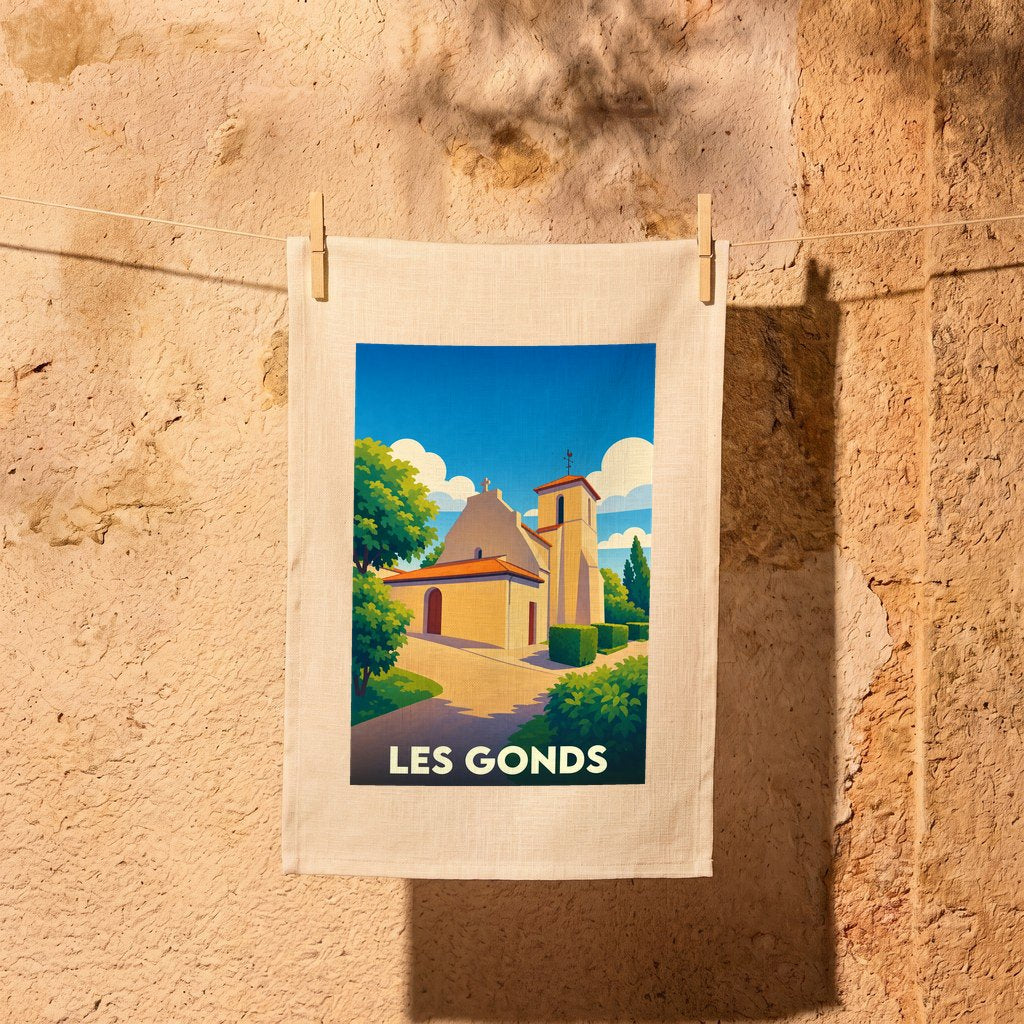 Torchon souvenir de la ville de Les Gonds avec une illustration stylisée d'une église sous un ciel bleu.