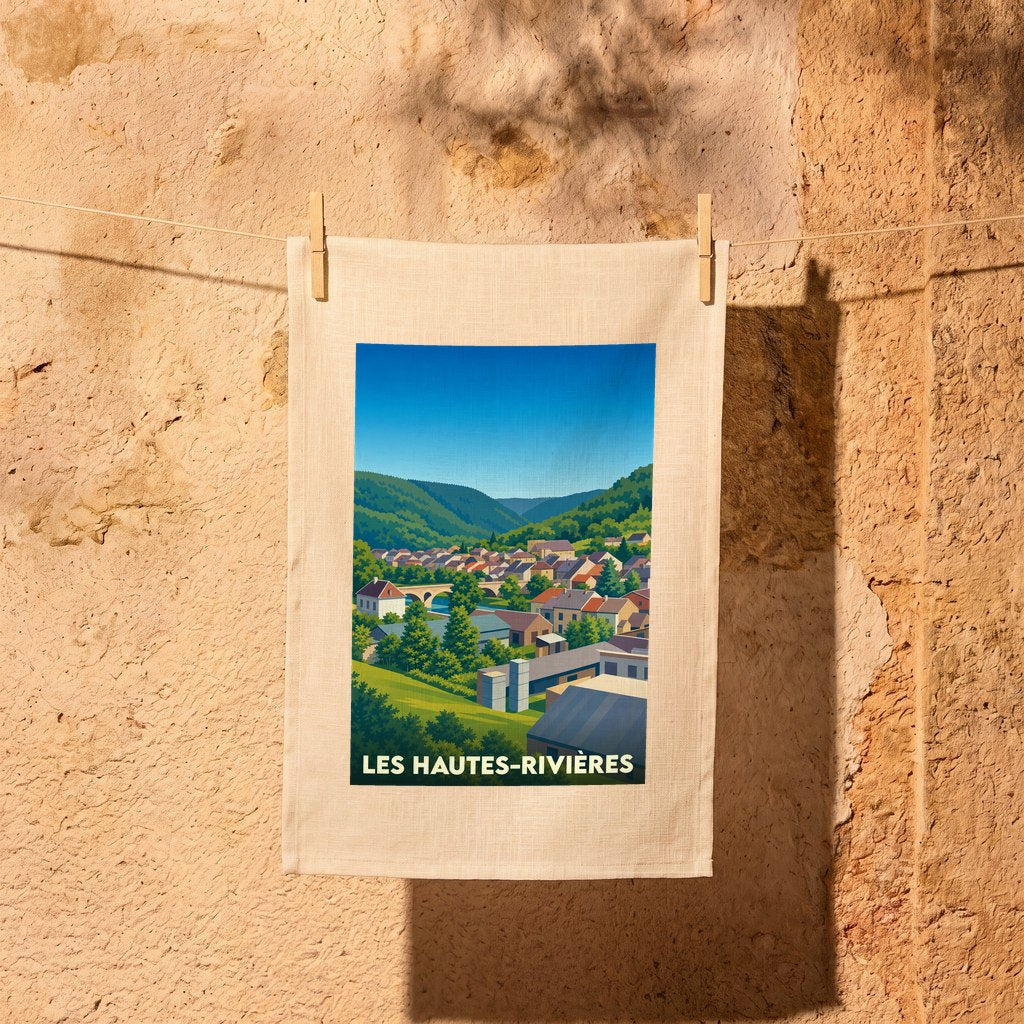 Torchon souvenir de la ville de Les Hautes-Rivières avec une illustration stylisée.