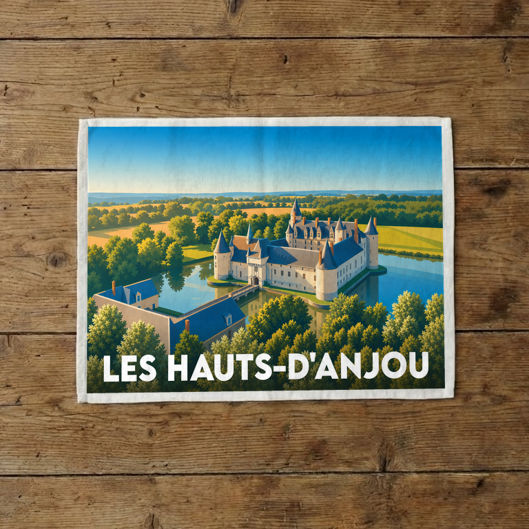 Torchon souvenir de la commune de Les Hauts-d'Anjou avec une illustration stylisée de son château entouré d'eau.