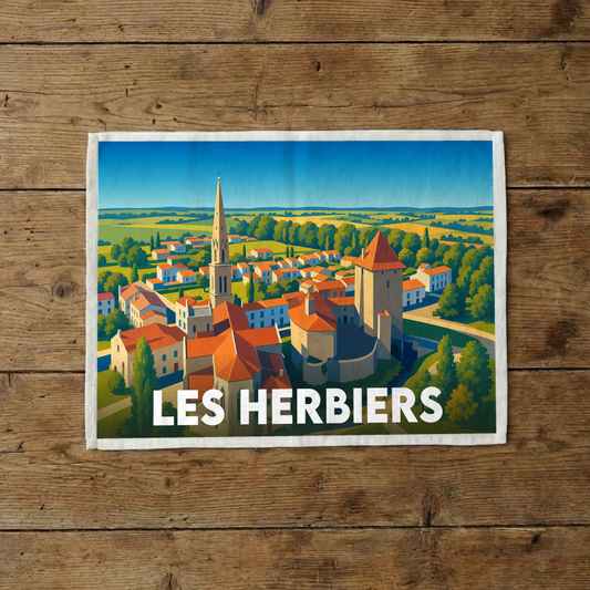 Torchon souvenir de la ville de Les Herbiers avec une illustration stylisée d'un paysage urbain.