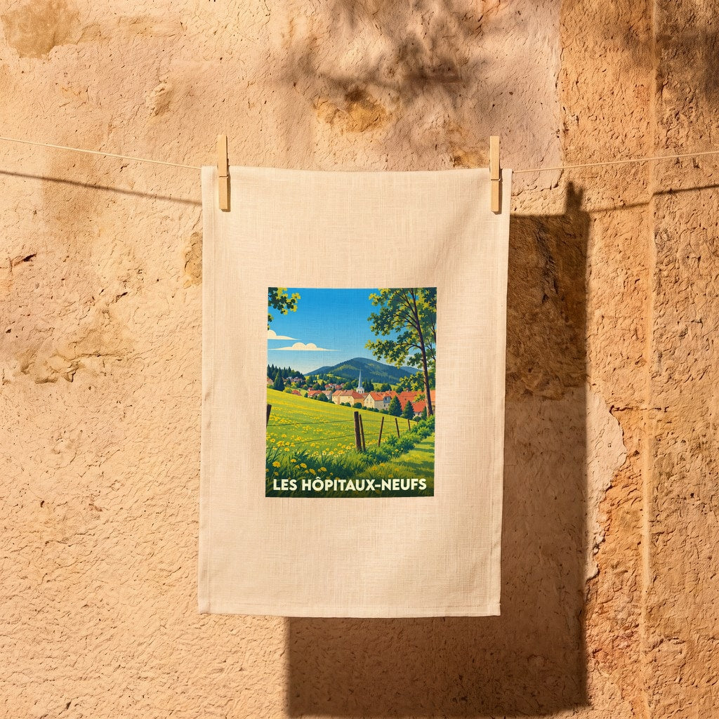 Torchon souvenir de la ville de Les Hôpitaux-Neufs avec une illustration stylisée de son paysage champêtre.