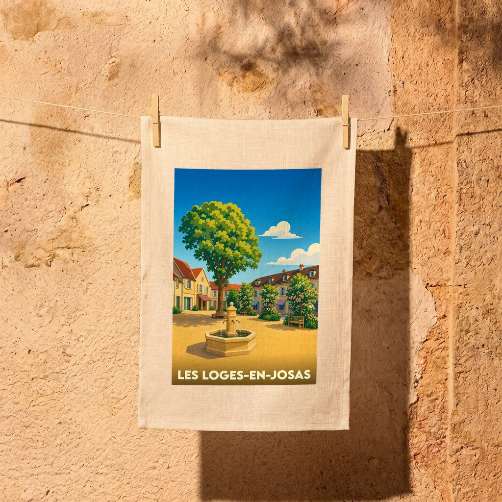 Torchon souvenir de la ville de Les Loges-en-Josas avec une illustration stylisée d'une place ensoleillée.