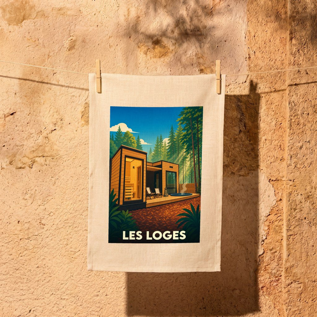 Torchon souvenir de la ville de Les Loges avec une illustration stylisée d'un hébergement insolite en forêt.