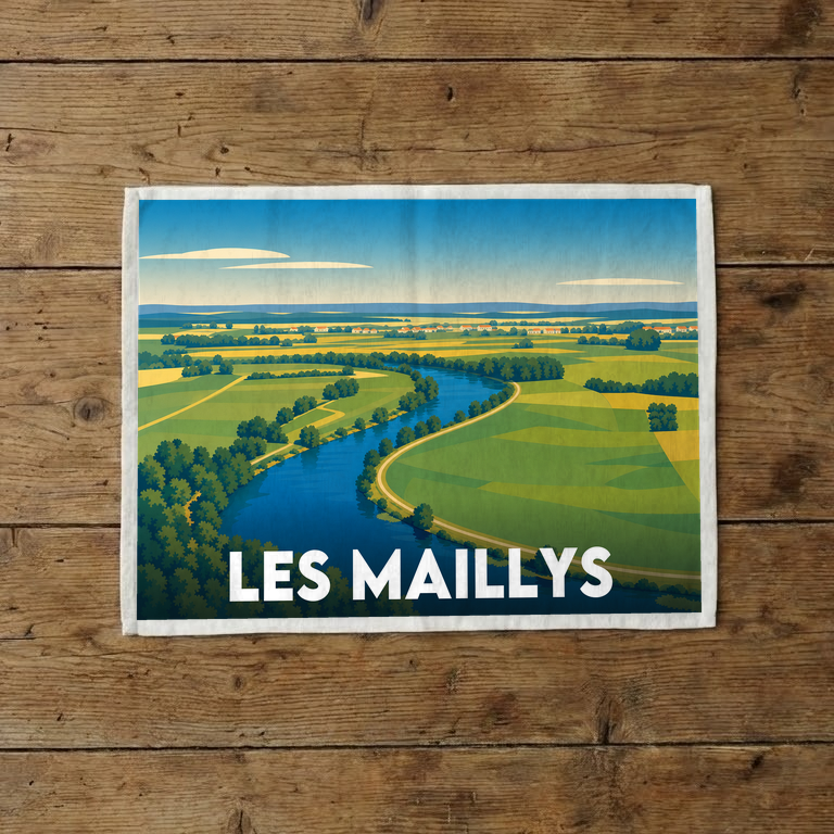 Torchon souvenir de la ville de Les Maillys avec une illustration stylisée.