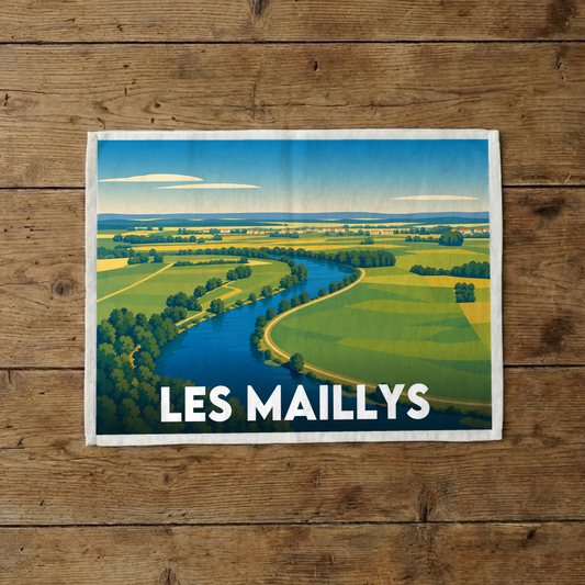 Torchon souvenir de la ville de Les Maillys avec une illustration stylisée.