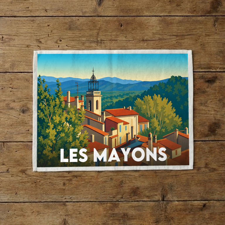 Torchon souvenir de la ville de Les Mayons avec une illustration stylisée.