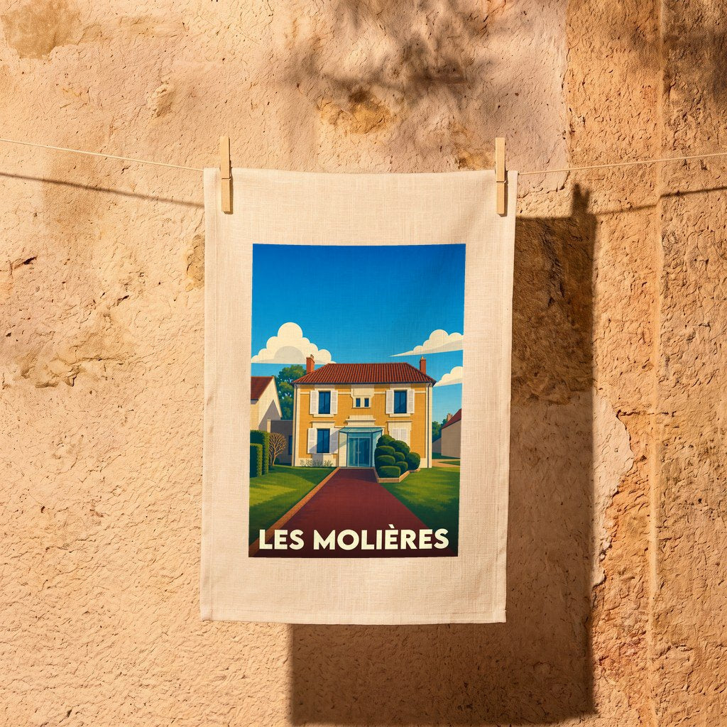Torchon souvenir de la ville de Les Molières avec une illustration stylisée d'une maison de village.