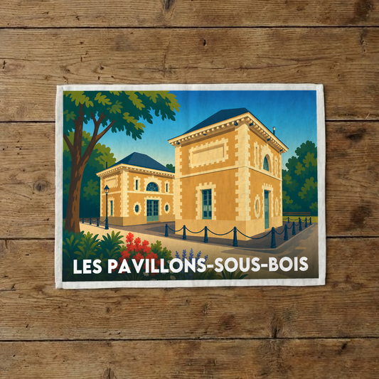 Torchon souvenir de la ville de Les Pavillons-sous-Bois avec une illustration stylisée de ses pavillons historiques.