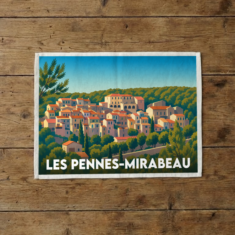 Torchon souvenir de la ville de Les Pennes-Mirabeau avec une illustration stylisée.