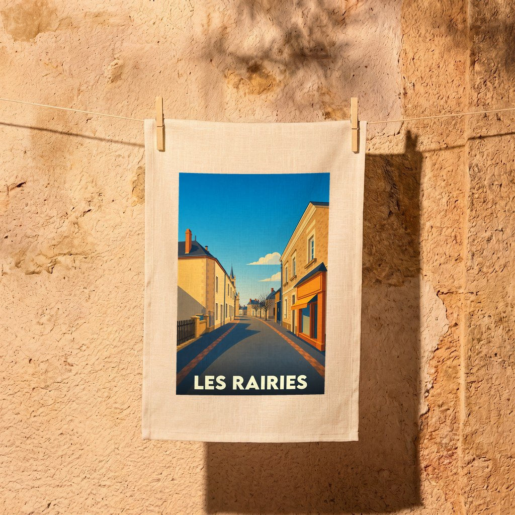 Torchon souvenir de la ville de Les Rairies avec une illustration stylisée d'une rue ensoleillée.