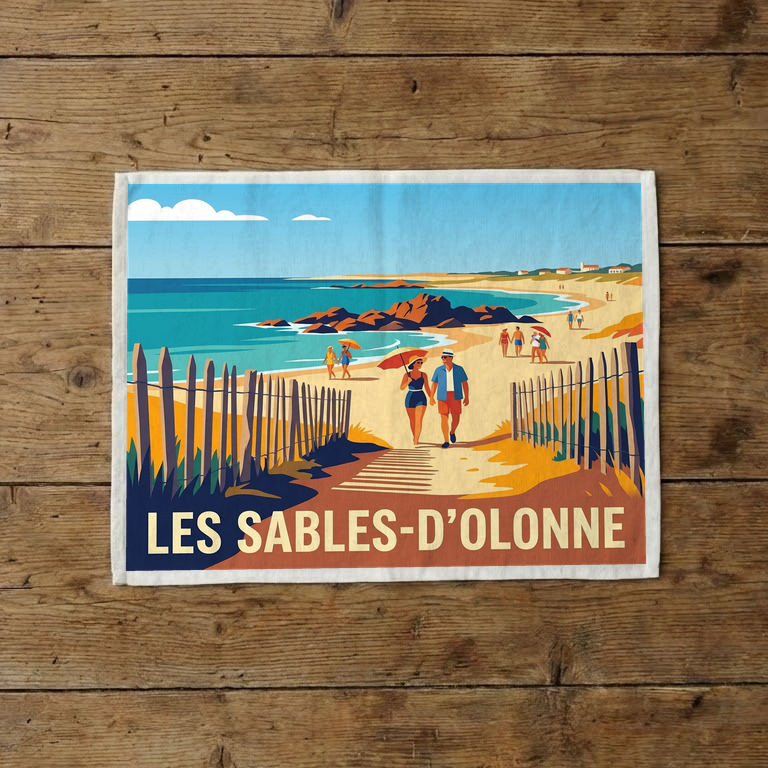 Torchon souvenir de la ville de Les Sables-d'Olonne arborant une illustration stylisée de sa plage.