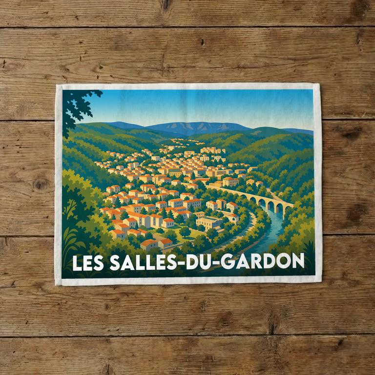 Torchon souvenir de la ville de Les Salles-du-Gardon avec une illustration stylisée.