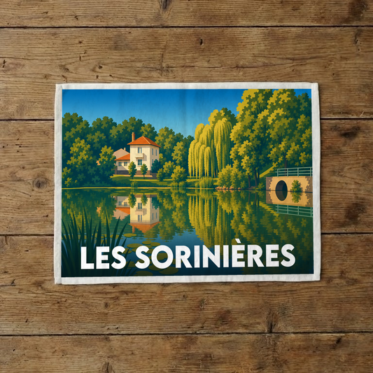 Torchon souvenir de la ville de Les Sorinières illustré par un paysage de bord d'eau avec une maison et des arbres.