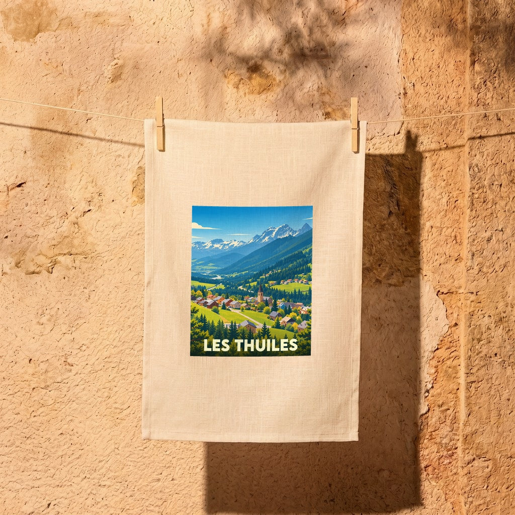 Torchon souvenir de la ville de Les Thuiles avec une illustration de paysage montagnard.