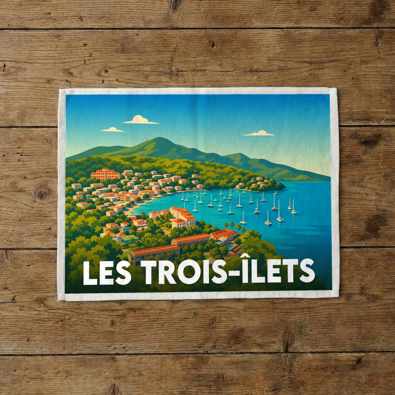 Torchon souvenir de la ville de Les Trois-Îlets avec une illustration stylisée de sa baie et de ses voiliers.