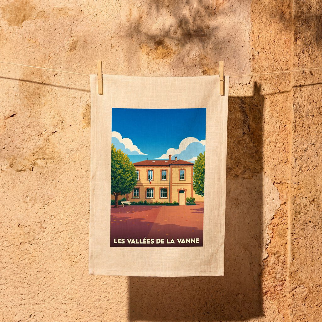 Torchon souvenir de la commune de Les Vallées de la Vanne avec une illustration stylisée de sa mairie.