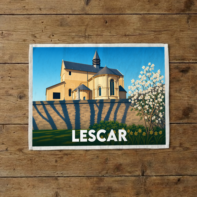 Torchon souvenir de la ville de Lescar illustrant sa cathédrale dans un style rétro et coloré.