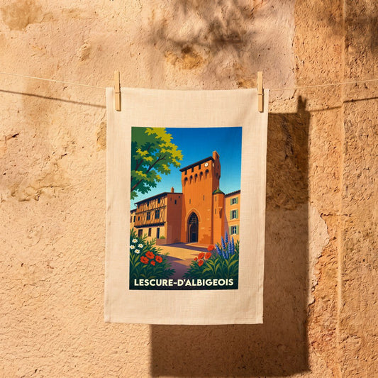 Torchon souvenir de la ville de Lescure-d'Albigeois avec une illustration stylisée de son patrimoine historique.