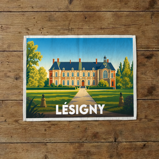 Torchon souvenir de la ville de Lésigny avec une illustration stylisée d'un château.