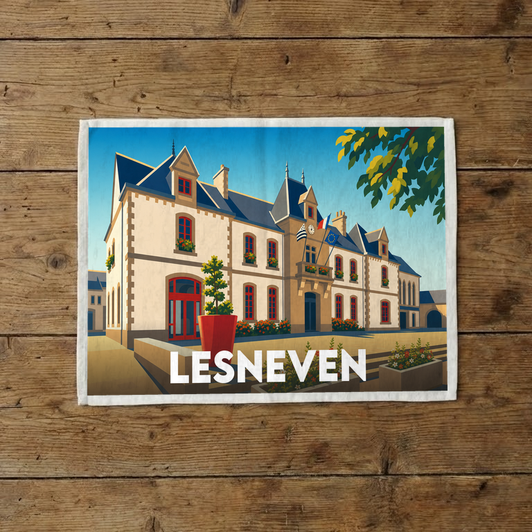 Torchon souvenir de la ville de Lesneven avec une illustration stylisée de son hôtel de ville.