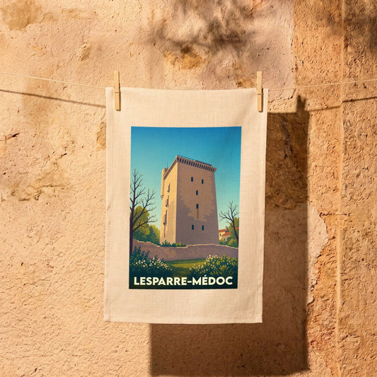 Torchon souvenir de la ville de Lesparre-Médoc avec une illustration stylisée de sa tour médiévale.