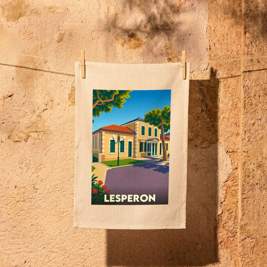 Torchon souvenir de la ville de Lesperon avec une illustration stylisée.