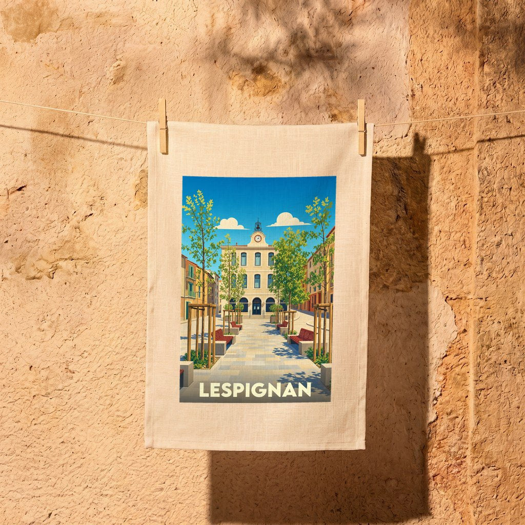 Torchon souvenir de la ville de Lespignan avec une illustration stylisée.
